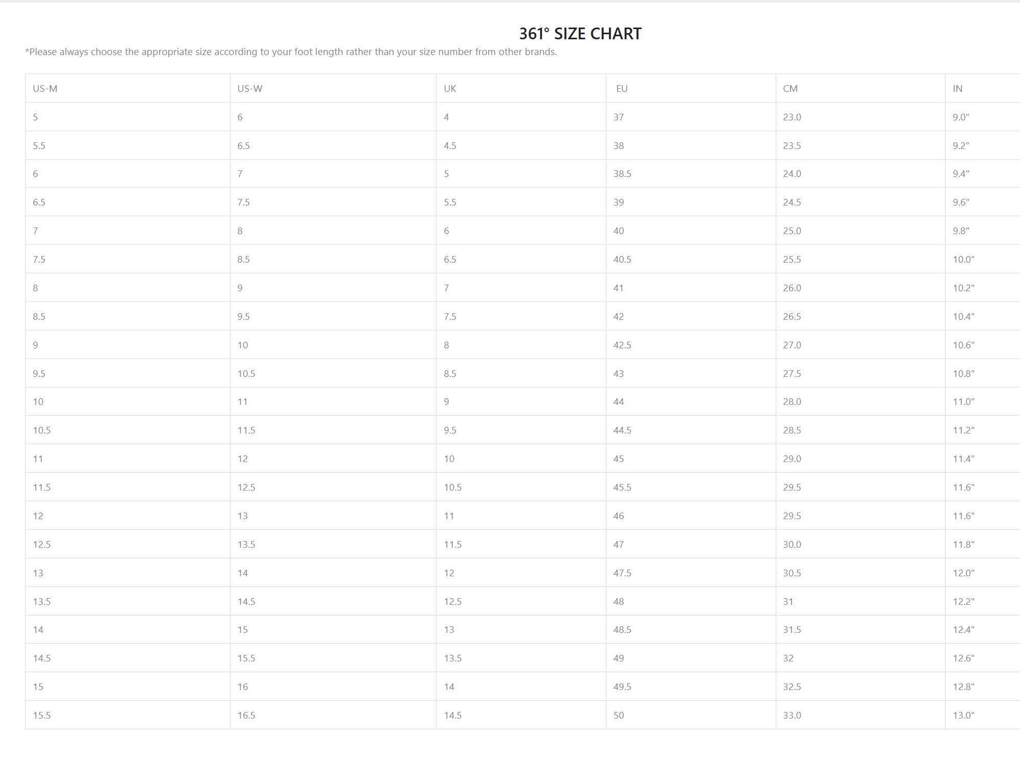 361 degrees shoes size chart